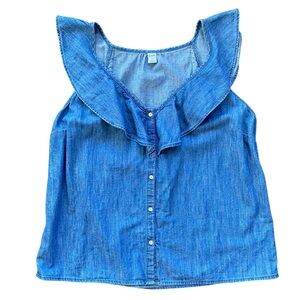 Old Navy Women’s Denim Sleeveless V-Neck Ruffle Neckline Button Front Top Size L